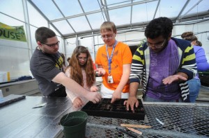 Michael Holva, Raquel Zieba, Logan Serfass and John Casimiro work together as they plant their tray with seeds. Bangor Area High School students plant seeds Oct. 2, 2014, in the school's newly refurbished greenhouses, under the guidance of members of the Lafayette College Technology Clinic. Sue Beyer | Express Times