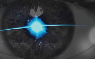 A close up of an eye with a stellar flare in the center