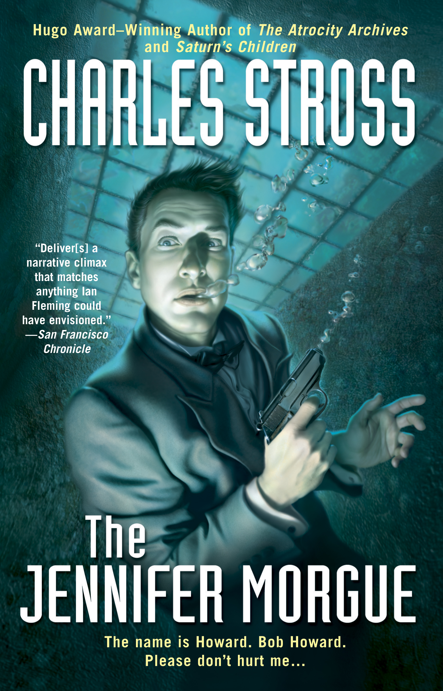 Bob, the main character of the novel, is suspended in a watery cage while wearing a business suit.