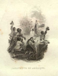 French engraving showing Lafayette   landing in America, greeted by   both blacks and whites, ca. 1824