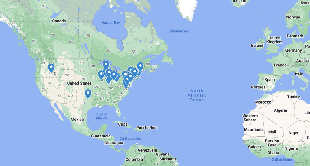 Google map with pins in various colleges and universities