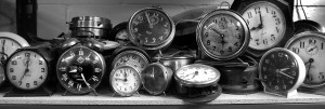 A shelf full of alarm clocks and electric clocks in Ed Bikowitz's work shop in the basement of his Grand Rapids home.             (Jon M Brouwer | The Grand Rapids Press)