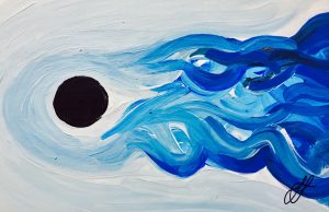 Acrylic painting of turbulent flow around a sphere - by Laura Strang