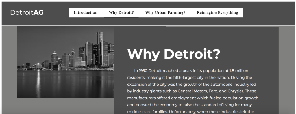 Screenshot of Isaiah Moore's website, Urban Agriculture and Activism: A Case Study of Detroit.