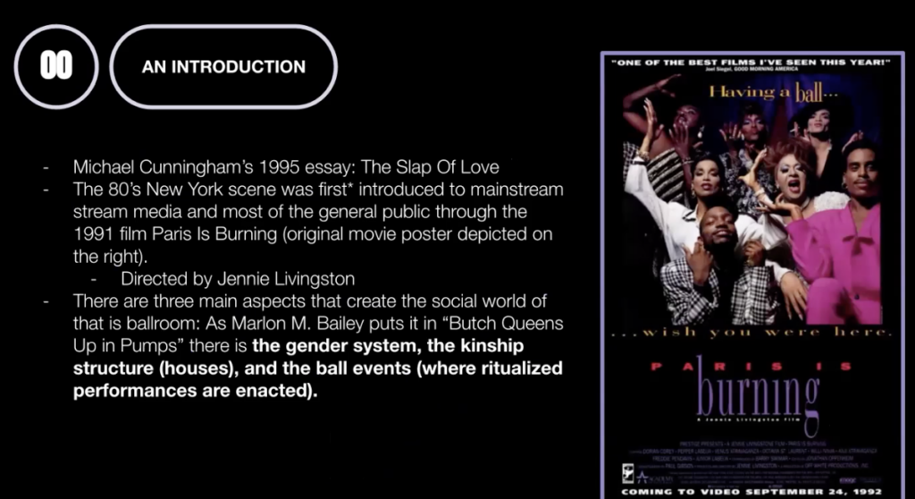 Screenshot from July 9, 2021 presentation of Mariatou Coulibaly's welcome to our house: an exploration of queer world-making in New York City’s underground ballroom culture.