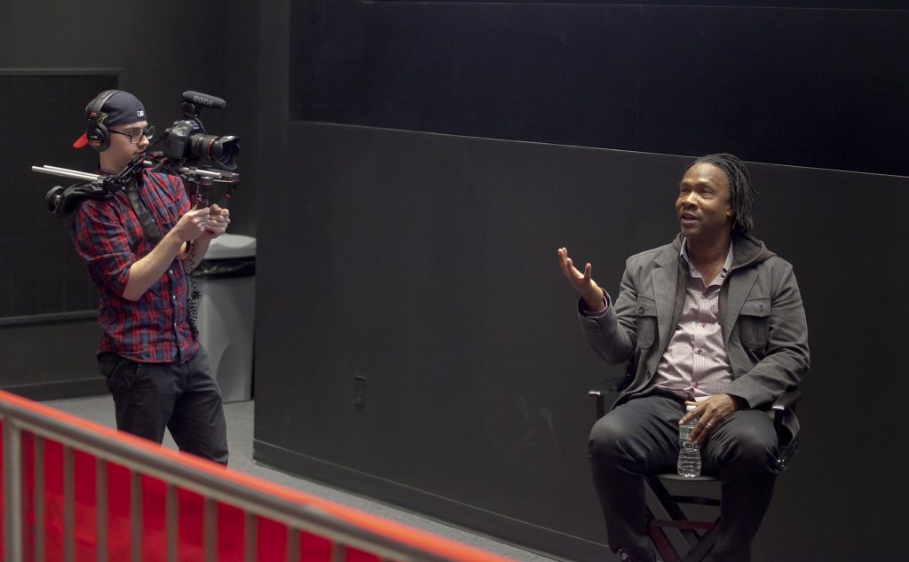 Academy Award Winning Director and Easton native Roger Ross Williams gave a premier screening of his newest film "Life Animated" in the Landis Theater in the Buck Building on the arts campus on 3rd street in Easton. The even was moderate, introduced by Film And Media Studies Professor Andy Smith. Will Mr. Williams was is production assistant and 2014 Lafayette Alum Ayesha Nadarajah. Prior to the screening he held and informal session with students in the media lab room in the 248 Building © Chuck Zovko / Zovko Photographic llc March 15 , 2015