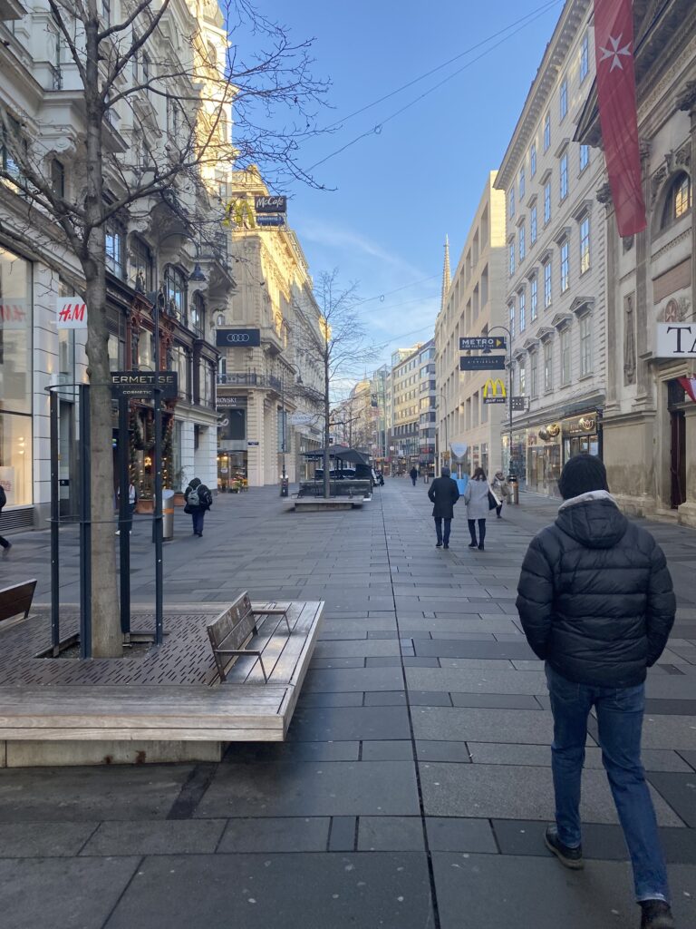 Ground-level view of a street in Vienna's center, the street is pedestrian-only and there are multiple stores around