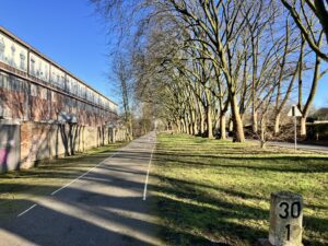 a path cutting through the heart of what was once heavy industry, now full of trees and grass.