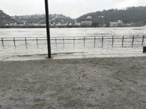 Rhine river flooding walkway in Koblenz