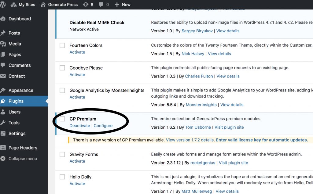 GP Premium plugin under "Plugins" in Dashboard
