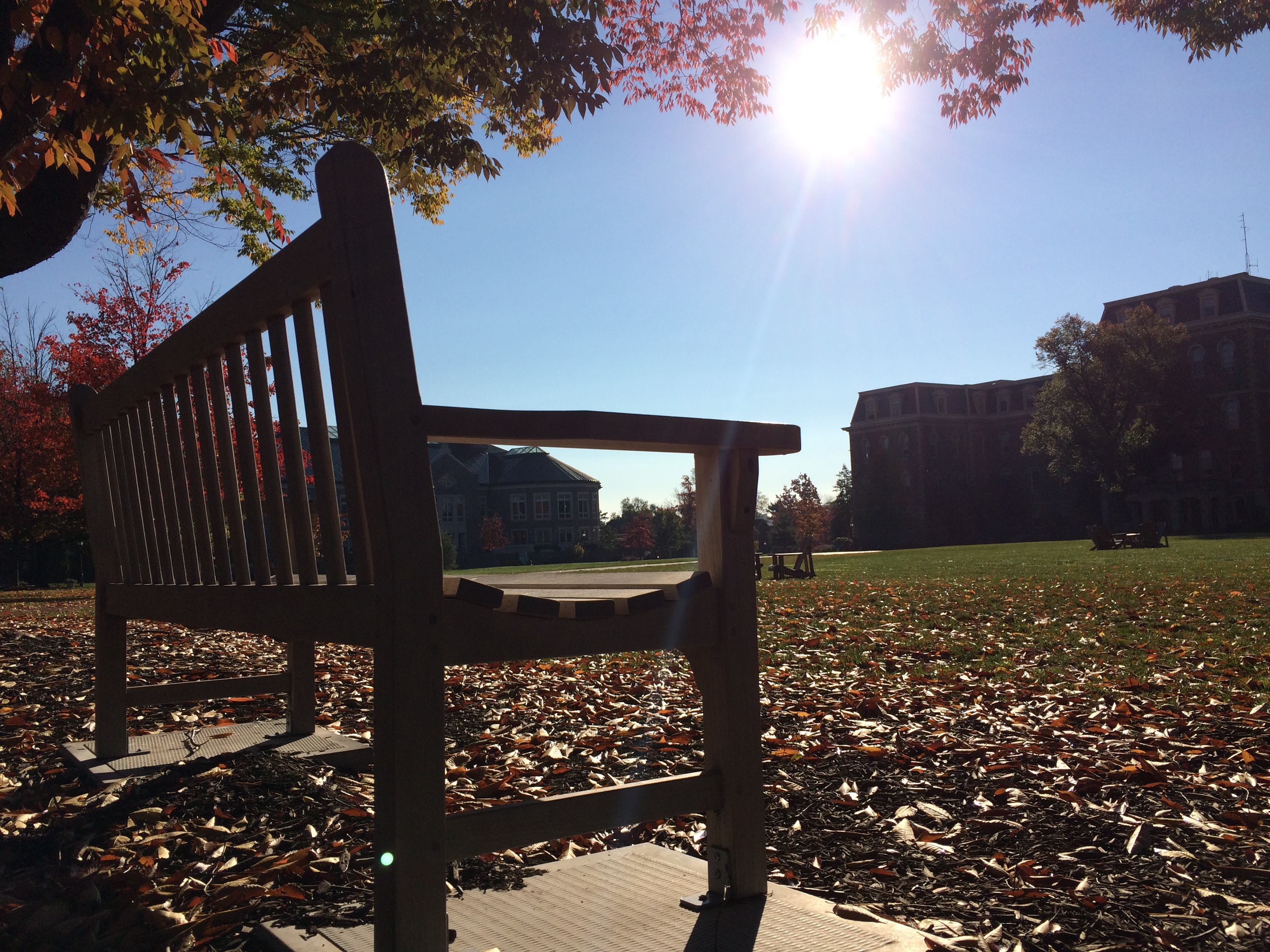 The autumn sun shines on a lonely bench alongside Lafayette's quad. The Farinon Student Center is in the background.