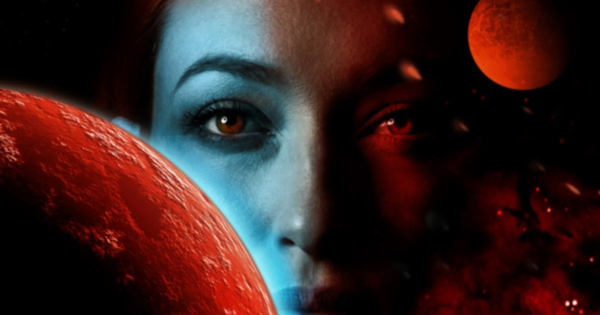 Two red planets obscure the blue, red, and black toned face of a woman.