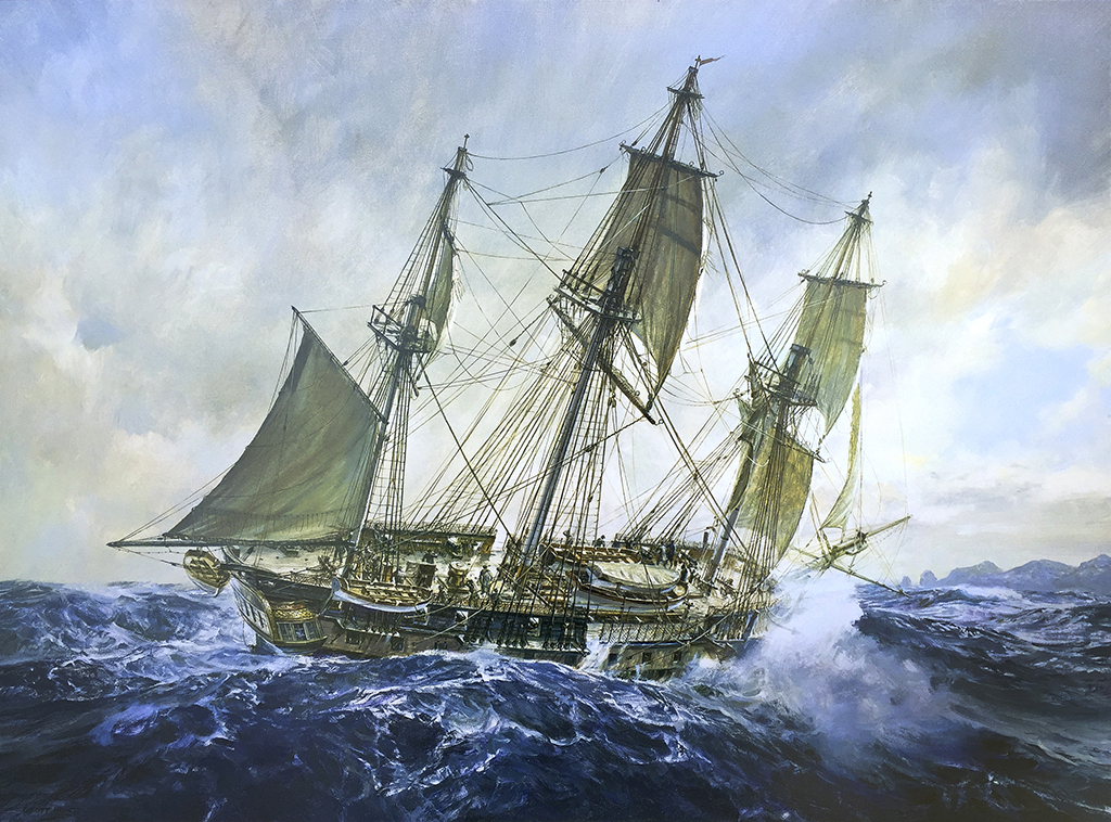 A three-masted sailing ship sails across a turbulent blue ocean.