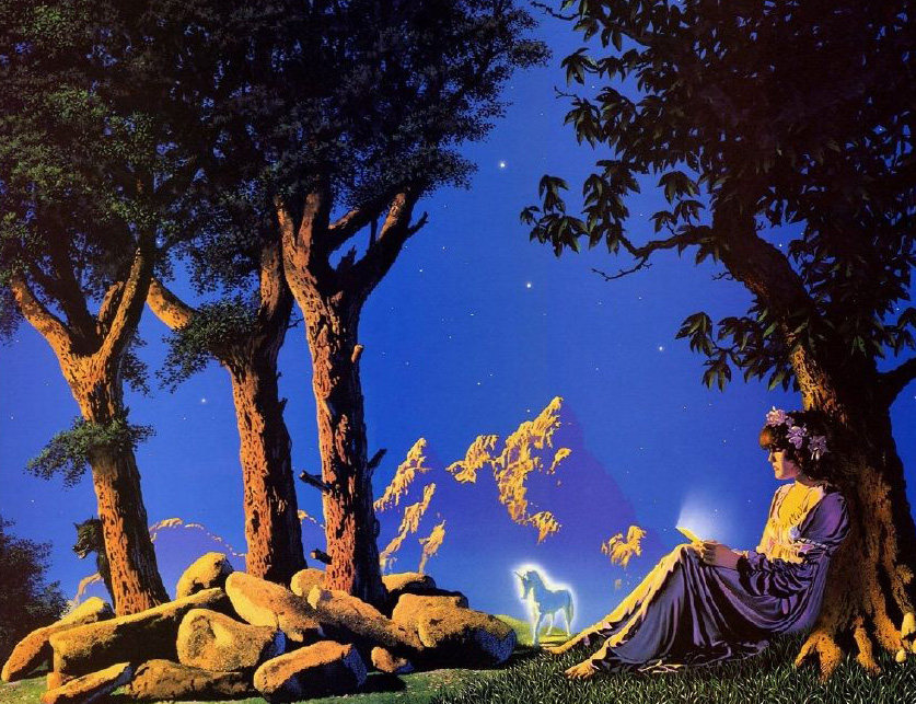A woman sits under a tree in a grove. Mountains and a unicorn appear in the background