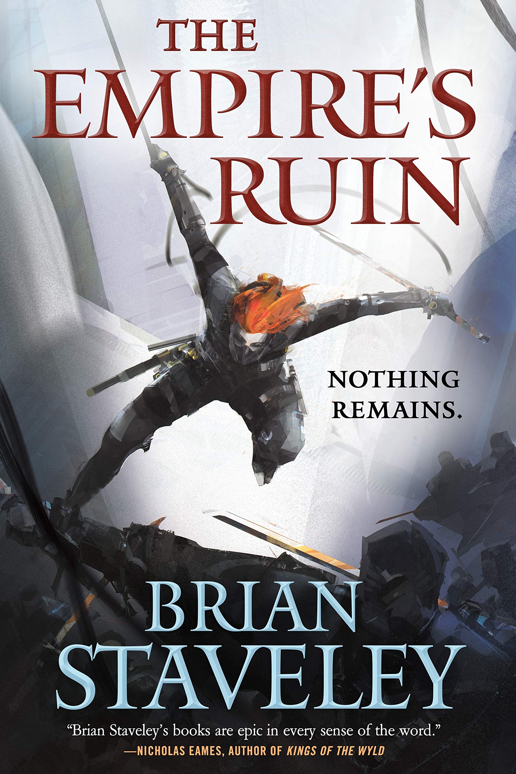A book cover featuring a person with red hair, wielding two swords, leaping into action
