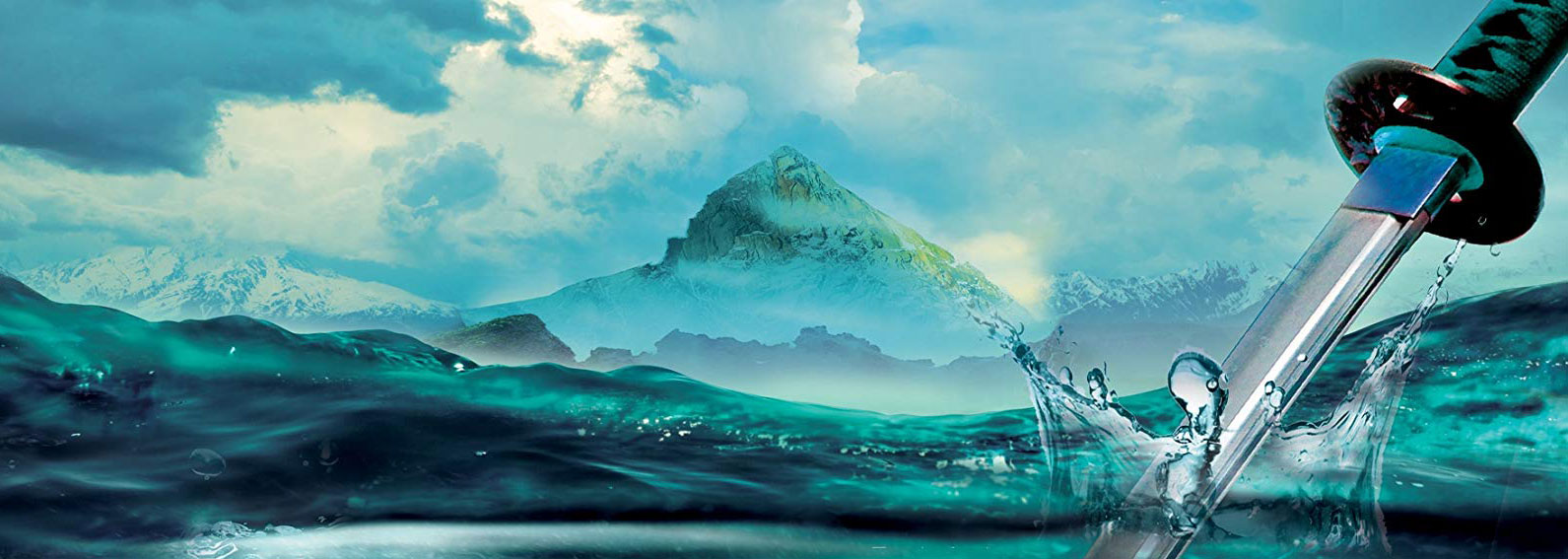 A sword plunging into clear water, with a massive mountain in the background.