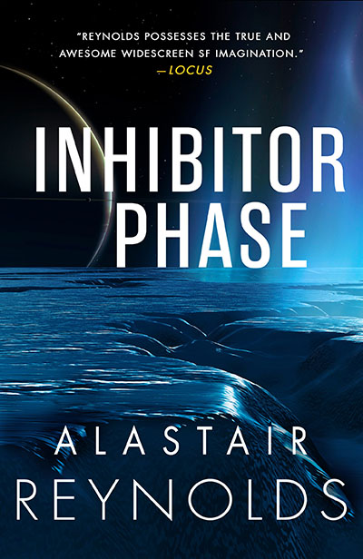 Cover art for Inhibitor Phase, featuring a sci-fi ocean world with a massive waterfall and a planet in the background.