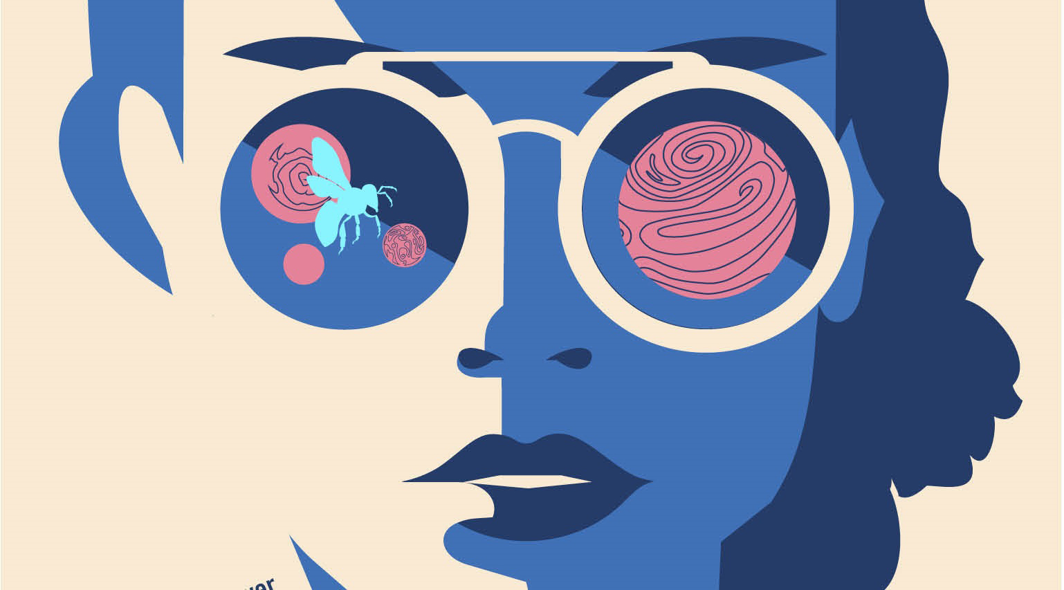 A stylized woman, half her face blue, the other half white, with glasses reflecting insects and planets, looks out at the viewer.