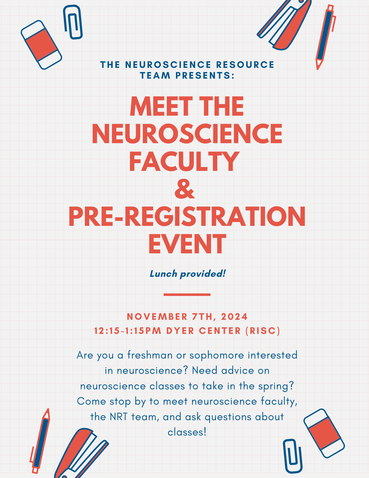 Flyer with information regarding NRT Pre-Registration and Meet the Faculty event.